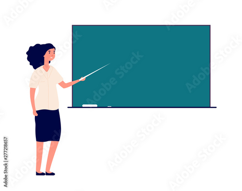 Woman teacher at blackboard. female tutor in classroom teaching students. School education vector concept. Illustration of woman teacher near blackboard, education and teaching