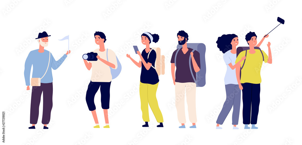 Tourists and tour guide. Young couples family, tourists travelling with camera taking photo in excursion. Summer vacation vector set. Tourist woman and man couple, travelling with guide illustration - obrazy, fototapety, plakaty 