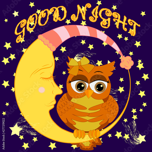 A sweet fairy-tale pink owl in a hat for dream dreams, sings a lullaby, lulls the sky, the moon and stars sitting on a sleeping sickle of the moon among a dark night sky and stars