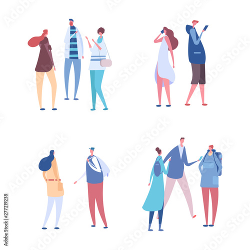 People communicate in groups vector set. Communication, discussion or meeting illustration. Conversation team, discussion man and woman