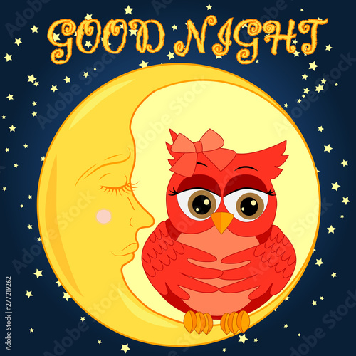 A sweet fairy-tale pink owl in a hat for dream dreams, sings a lullaby, lulls the sky, the moon and stars sitting on a sleeping sickle of the moon among a dark night sky and stars