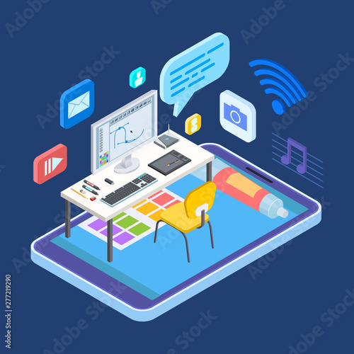 Freelance artist or designer workspace isometric vector concept. Freelancer work place, computer and drawing tablet illustration