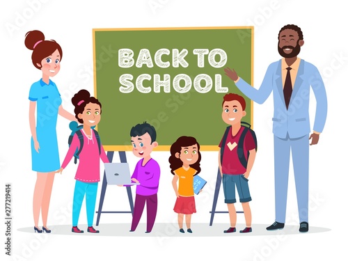Teachers and students vector. Back to school illustration. Teacher education students, girl and boy near chalkboard