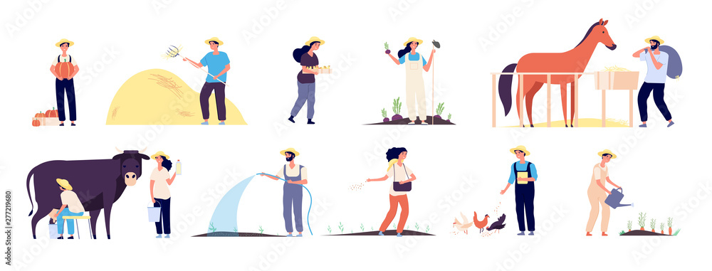 Farmer people. Agricultural workers plant and harvest vegetables, water garden and feed farm animals vector isolated flat characters on white background