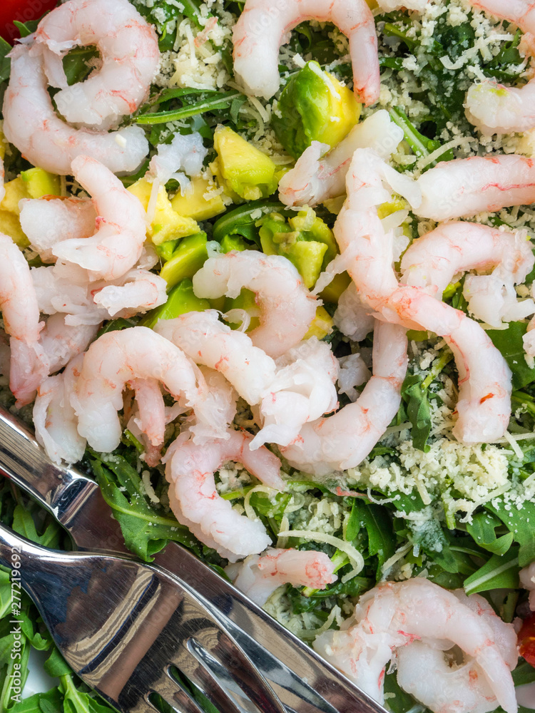 salad with avocado, greens and shrimps, healthy food salad with avocado, greens and shrimps, healthy food