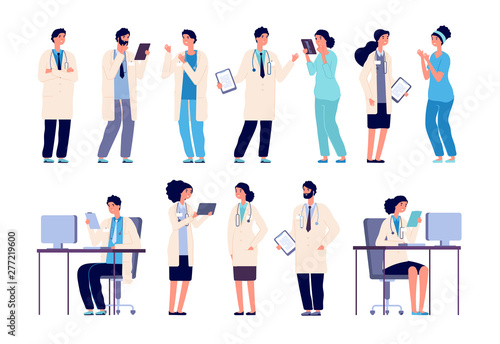 Doctor characters. Medical hospital staff people. Doctor nurse surgeon pharmacist dentist in medic uniform, flat vector set. Illustration of surgeon and pharmacist, medic professional and intern