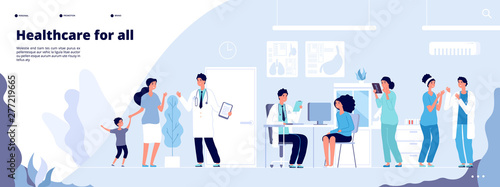Medical landing page. Online clinical consult with diverse doctors. Healthcare vector concept. Medical doctor, clinic consultation webpage, medicine hospital illustration photo