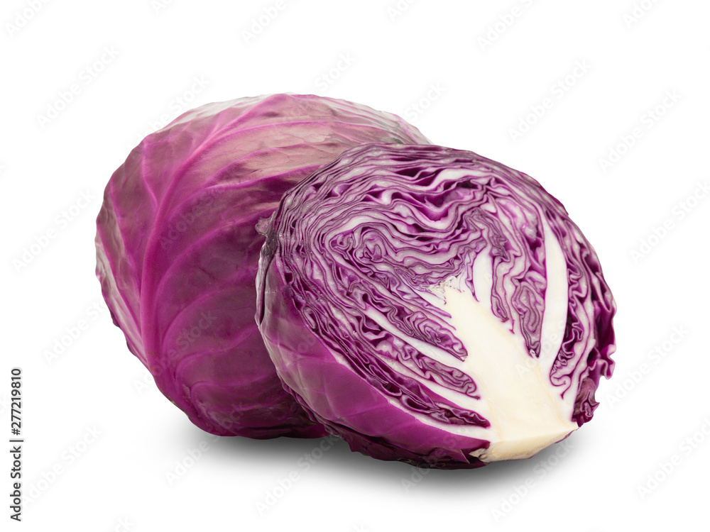 Whole red cabbage and half isolated on white background with clipping path. - obrazy, fototapety, plakaty 