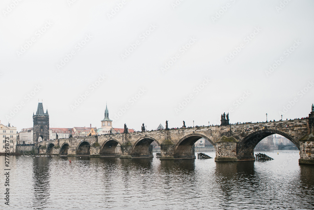 Beautiful view of the urban architecture in Prague in the Czech Republic. The Charles Bridge.