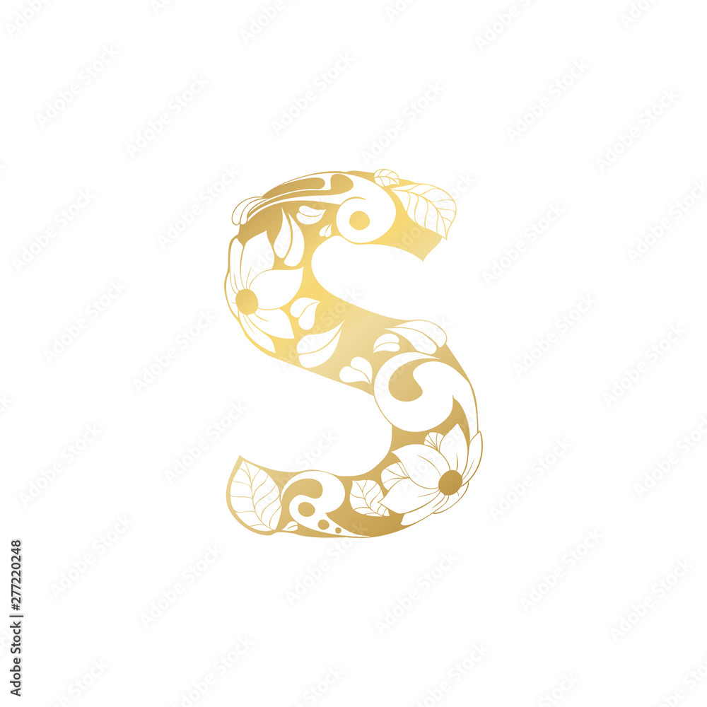 Naklejka premium Golden Floral Ornamental Alphabet, Initial Letter S Font. Vector Typography Symbol for Gold Wedding and Monograms Isolated Ornament Design