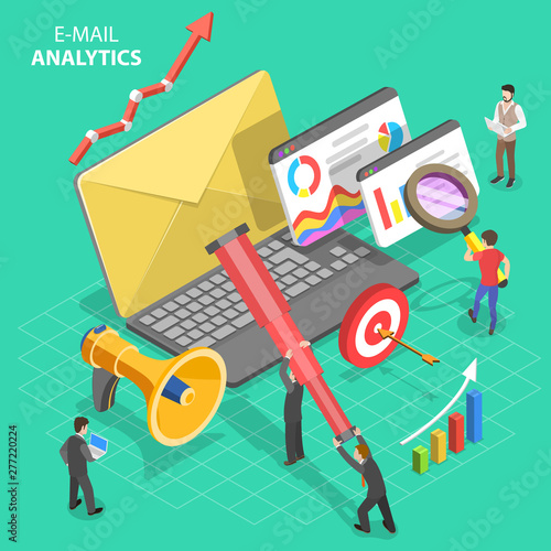 Isometric vector concept of email analytics, digital marketing analysis, product promoting, advertising campaign, digital promotion.