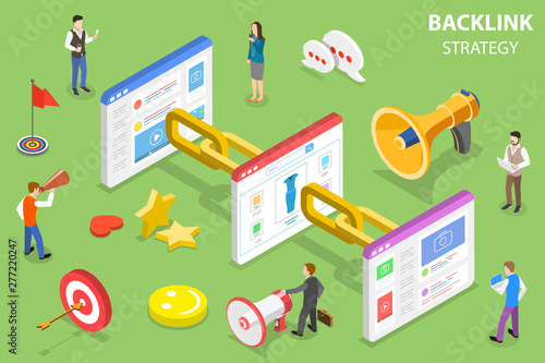 Isometric flat vector concept of backlink strategy, SEO link building, digital marketing campaign. photo