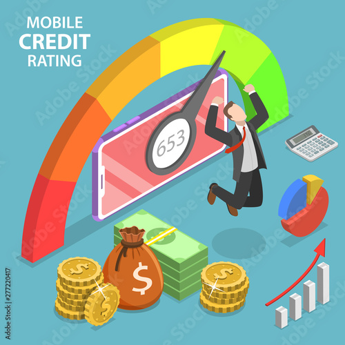 Isometric flat vector concept of mobile credit rating app, personal credit score, good index of credit history.