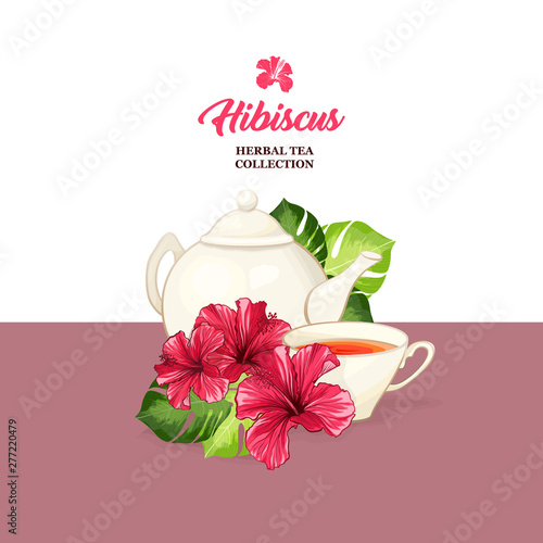 Tea Card with Hawaiian Hibiscus Red Fragrance Flower. Bright Green Leaves Vector Patterned Backdrop for Tea Packaging Print Design. Tropical Karkade or Bissap Herbal Tea
