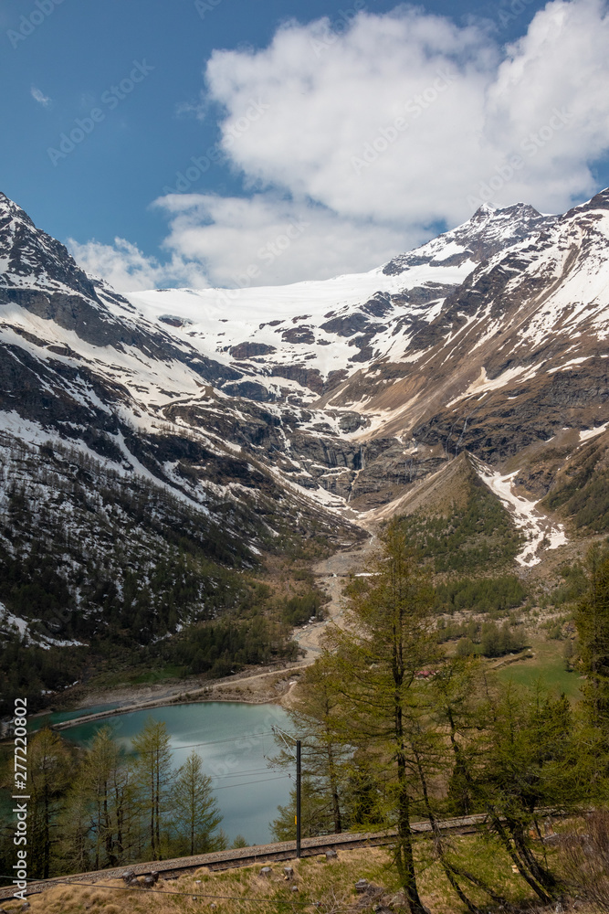 View of a panorama from the mountains around Alp Gruem-Bernina Massif and Palue Gletzscher, Swiss Alps, Europe View of a panorama from the mountains around Alp Gruem-Bernina Massif and Palue Gletzscher, Swiss Alps, Europe