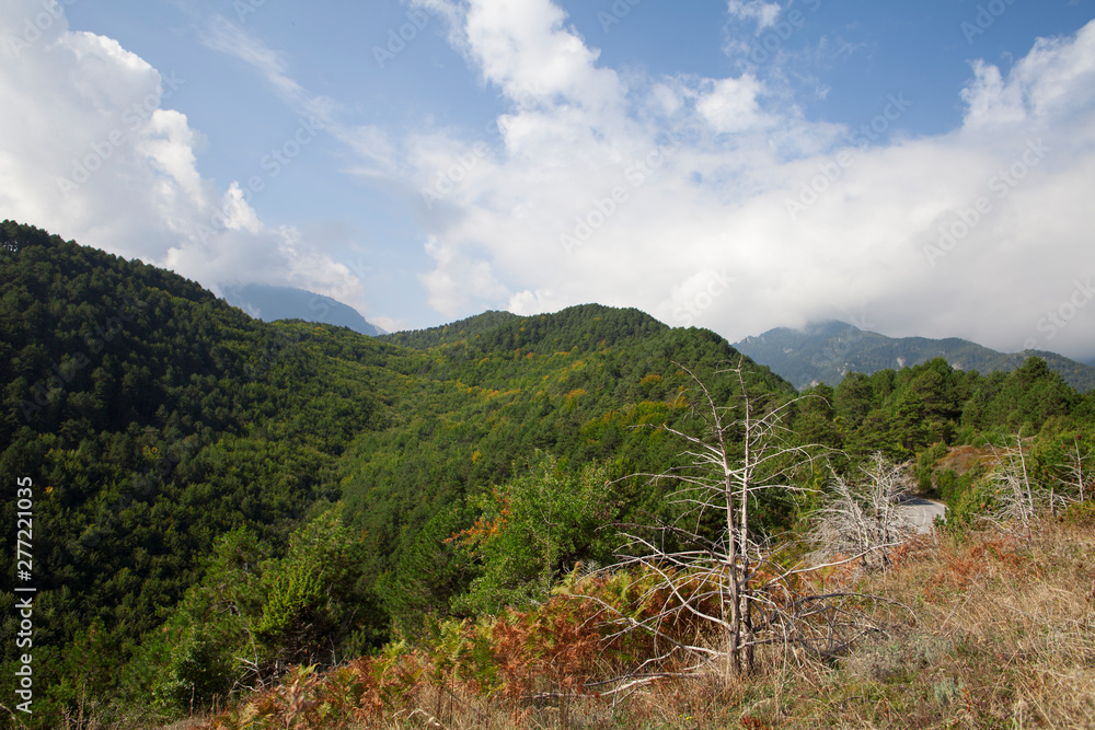 Naklejka premium Picturesque landscape on Mount Olympus. Tourist destination in the Olympus Mountain region of Northern Greece. 