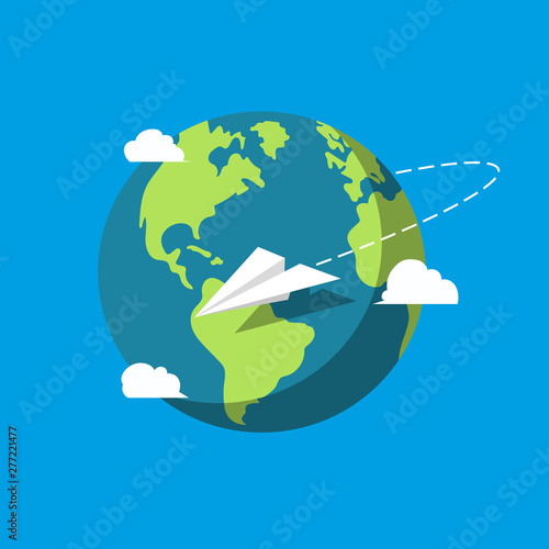 Paper plane flight around planet illustration. Flat design. Vector.