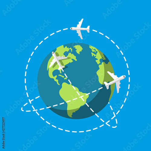 Planes flight around Earth illustration. Vector. Flat design.