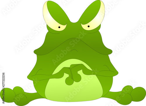 displeased green toad, with a bad mood toad on a white background