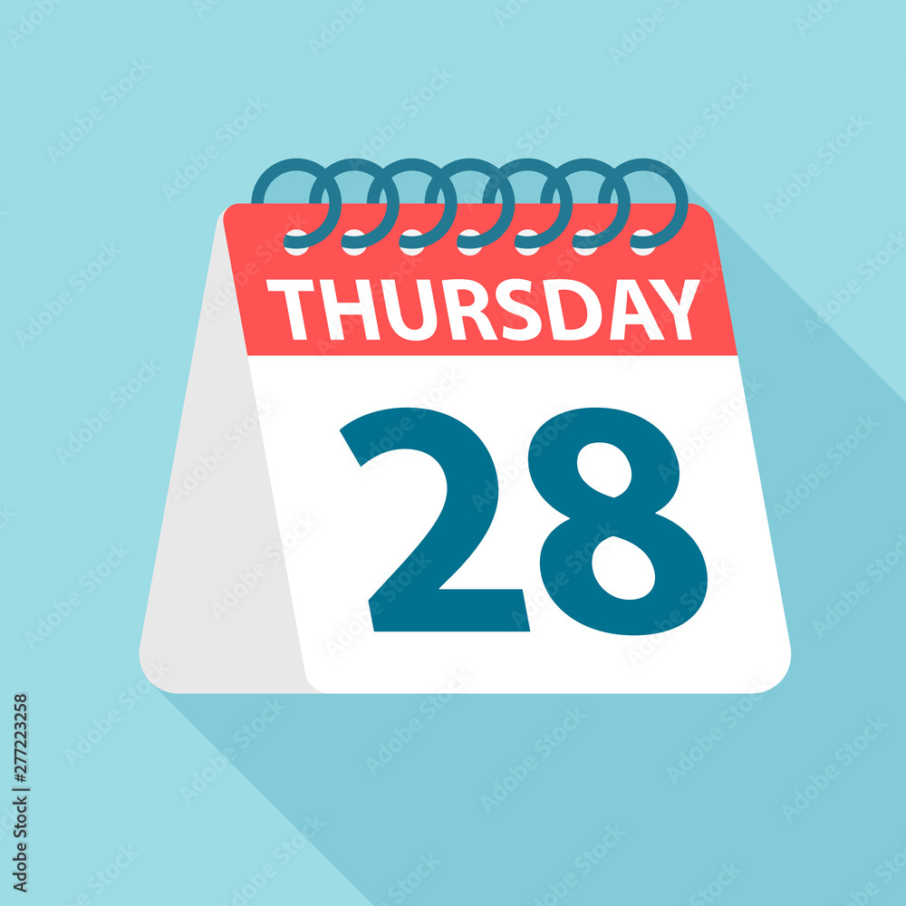 Fototapeta premium Thursday 28 - Calendar Icon. Vector illustration of week day paper leaf. Calendar Template