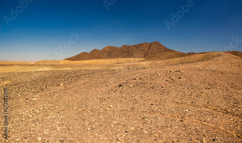 wasteland desert scenery landscape photography of sand stone dry valley foreground and mountains background in warm sunny weather time 