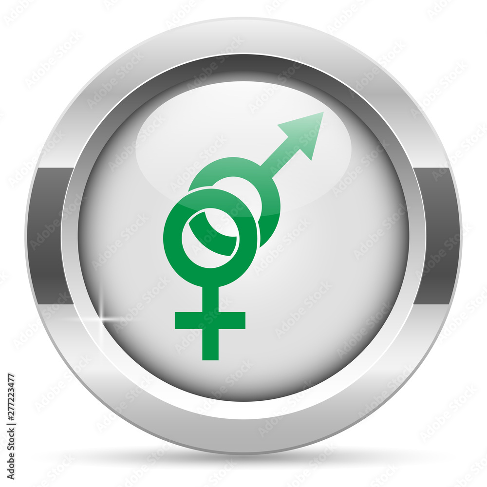 Sex icon.White metal internet button. Glass with green icon, vector.