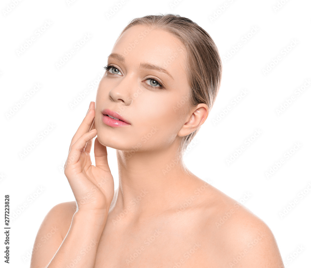 Portrait of young woman with beautiful face on white background Portrait of young woman with beautiful face on white background