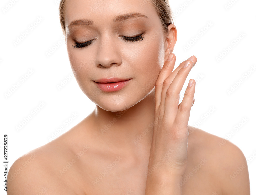 Portrait of young woman with beautiful face on white background, closeup Portrait of young woman with beautiful face on white background, closeup