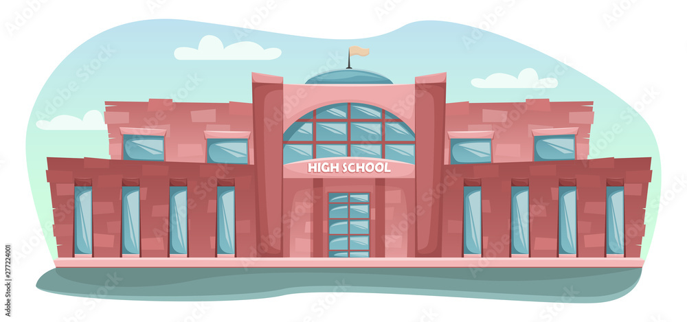 School building in cartoon style. Flat vector horizontal landscape.