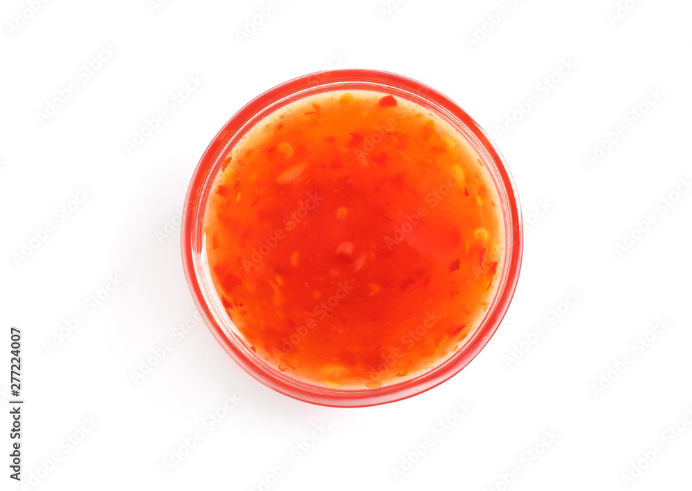 Delicious sweet chili sauce in bowl on white background, top view Delicious sweet chili sauce in bowl on white background, top view