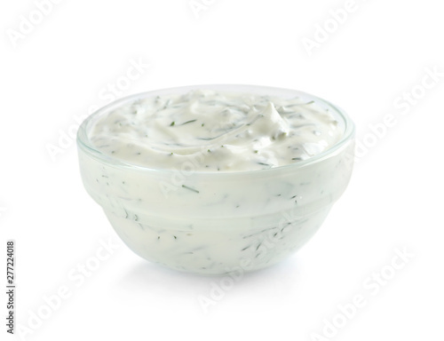 Delicious tartar sauce in bowl on white background