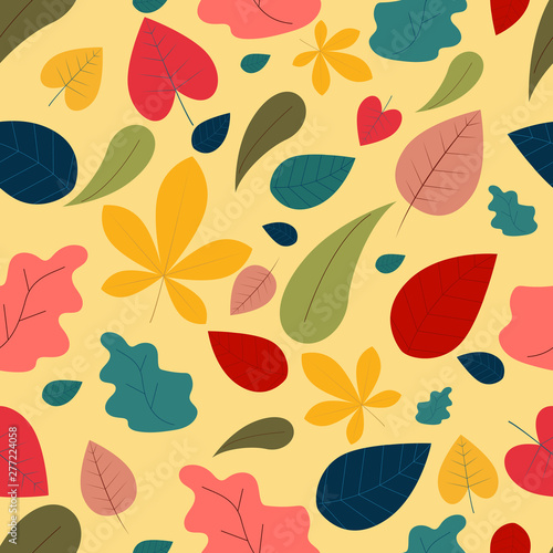 A cute seamless pattern with autumn leaves. A flat cartoon style elements