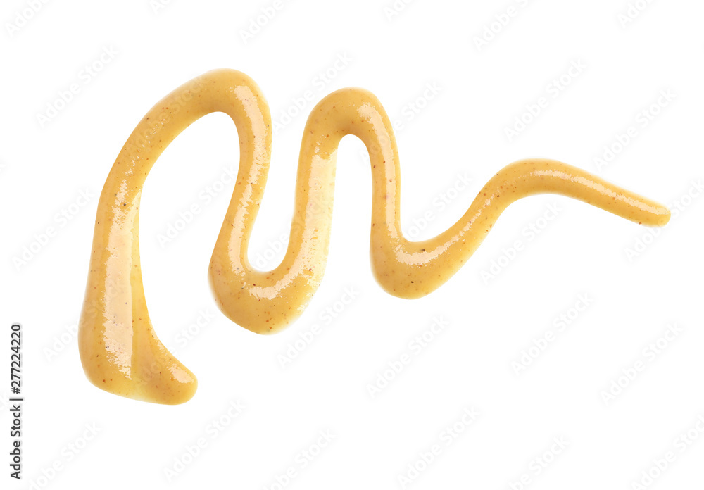 Obraz premium Delicious mustard on white background, top view. Spicy sauce