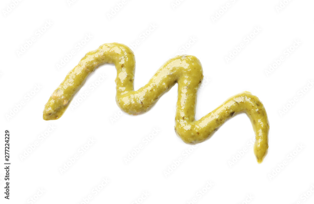Delicious pesto sauce on white background, top view Delicious pesto sauce on white background, top view