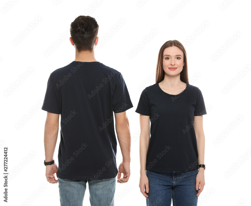 Young people in t-shirts on white background. Mock up for design Young people in t-shirts on white background. Mock up for design