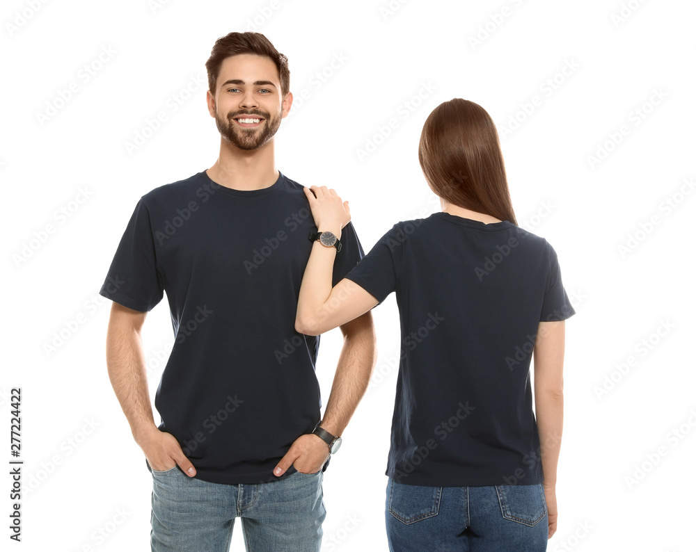 Young people in t-shirts on white background. Mock up for design Young people in t-shirts on white background. Mock up for design