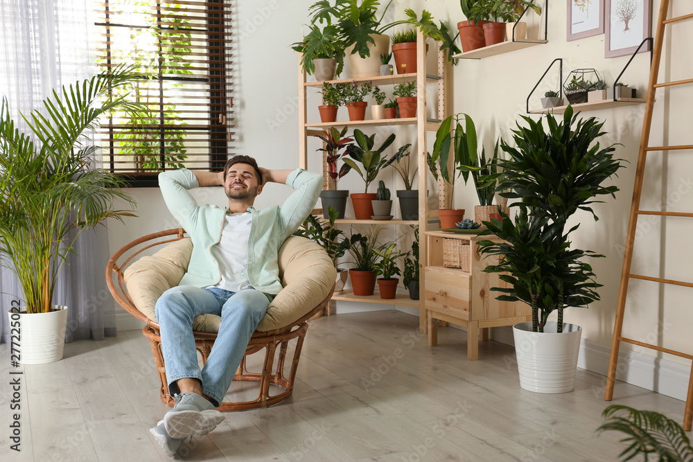 Obraz premium Young man resting in room with different home plants