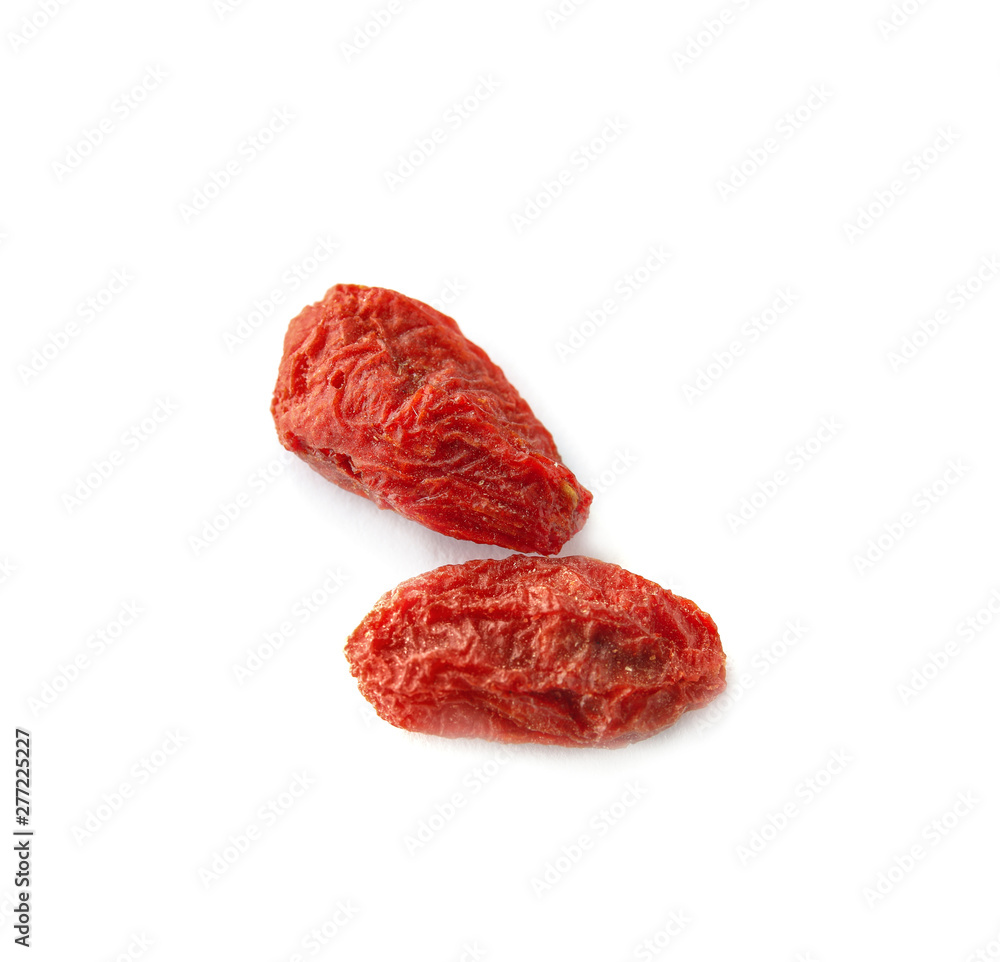 Tasty dried goji berries isolated on white, top view Tasty dried goji berries isolated on white, top view