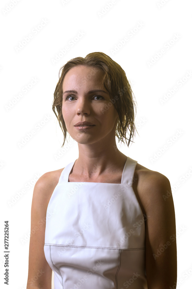 Middle aged woman in white dress isolated on white background. Middle aged woman in white dress isolated on white background.