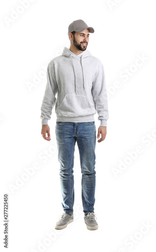 Full length portrait of young man in sweater isolated on white. Mock up for design