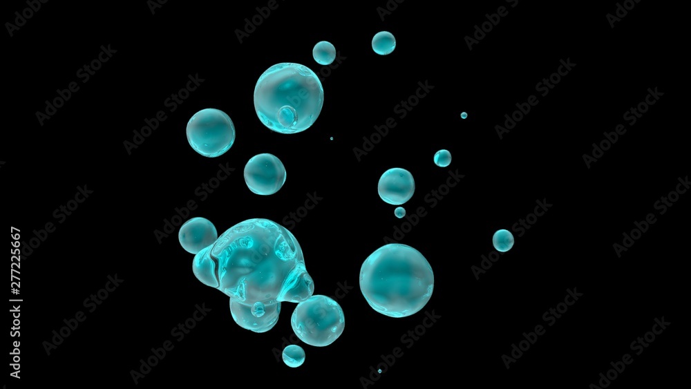 3D rendering of water droplets in zero gravity, on a black background isolated. Drops in space, the image is futuristic. Abstraction for background and compositions.