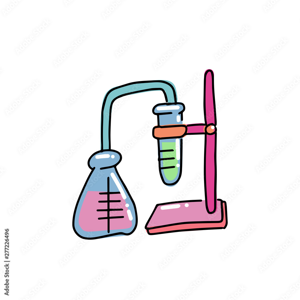Distillation apparatus with cone flask, cooler and distillate. Hand drawn doodle outline illustration in childish style Distillation apparatus with cone flask, cooler and distillate. Hand drawn doodle outline illustration in childish style