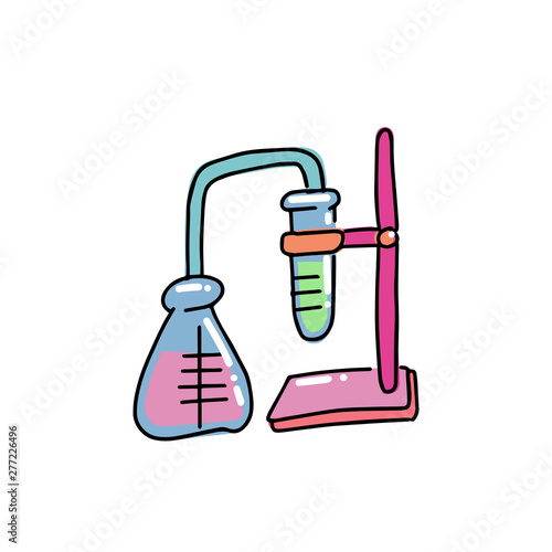 Distillation apparatus with cone flask, cooler and distillate. Hand drawn doodle outline illustration in childish style