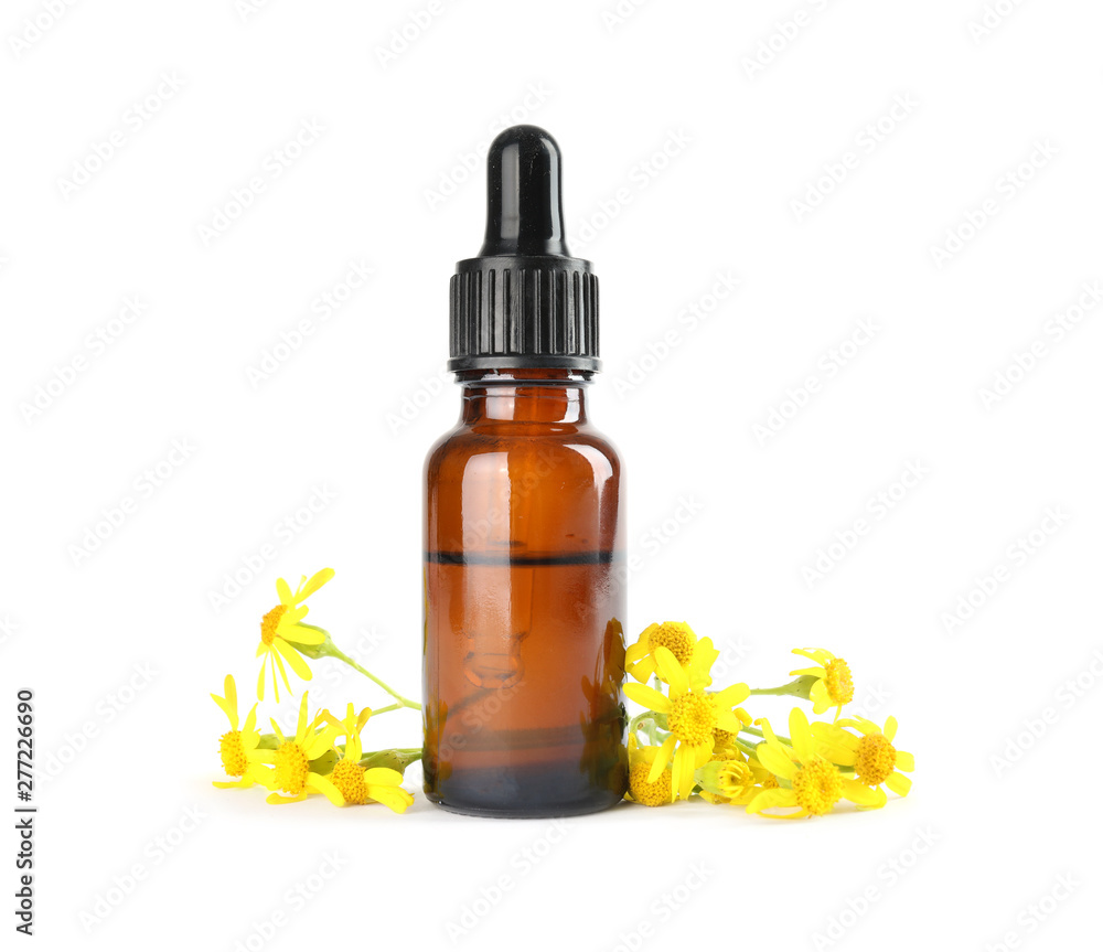 Bottle of herbal essential oil and flowers isolated on white Bottle of herbal essential oil and flowers isolated on white