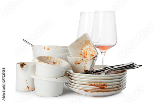 Canvas Print Set of dirty dishes isolated on white