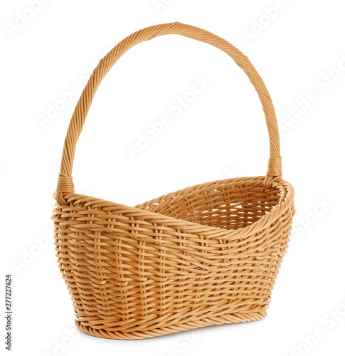 Empty wicker picnic basket on white background