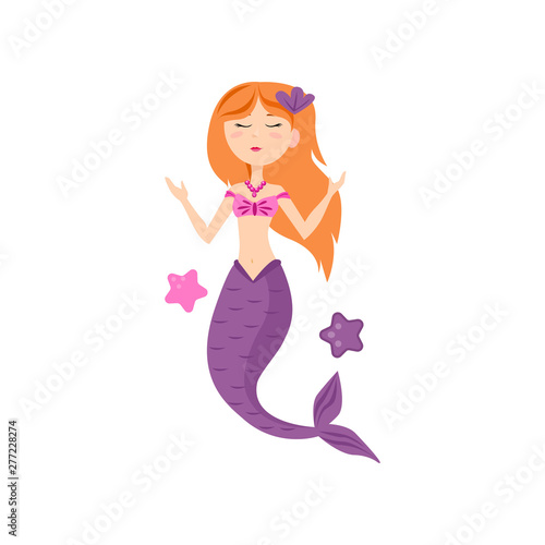 Cute red hair mermaid with violet tail with sea stars