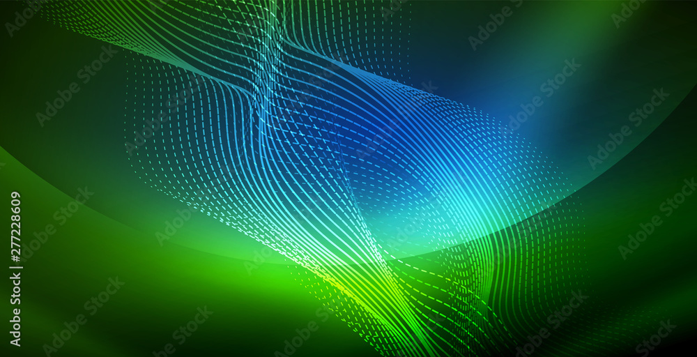 Glowing abstract wave on dark, shiny motion, magic space light. Techno abstract background Glowing abstract wave on dark, shiny motion, magic space light. Techno abstract background