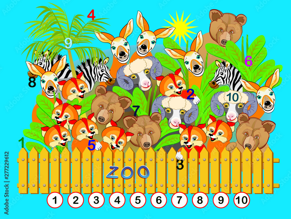 Exercise for young children. Need to find the numbers from 1 till 10 hidden  in the picture between animals. Logic puzzle game. Developing skills for  counting. Printable worksheet for kids book. Stock