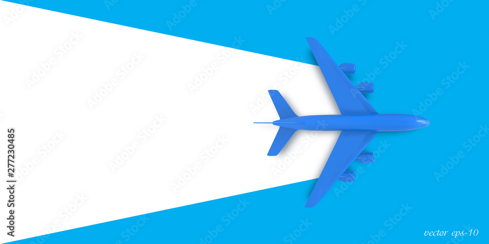 Airplane on a blue background, top view .Banner for travel and summer holidays .Model plane Vector.